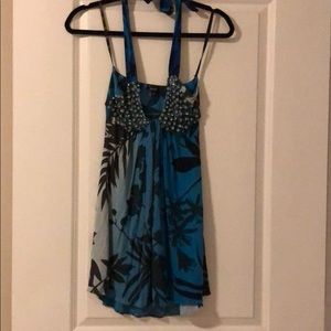Sky blue jeweled halter triangle dress.